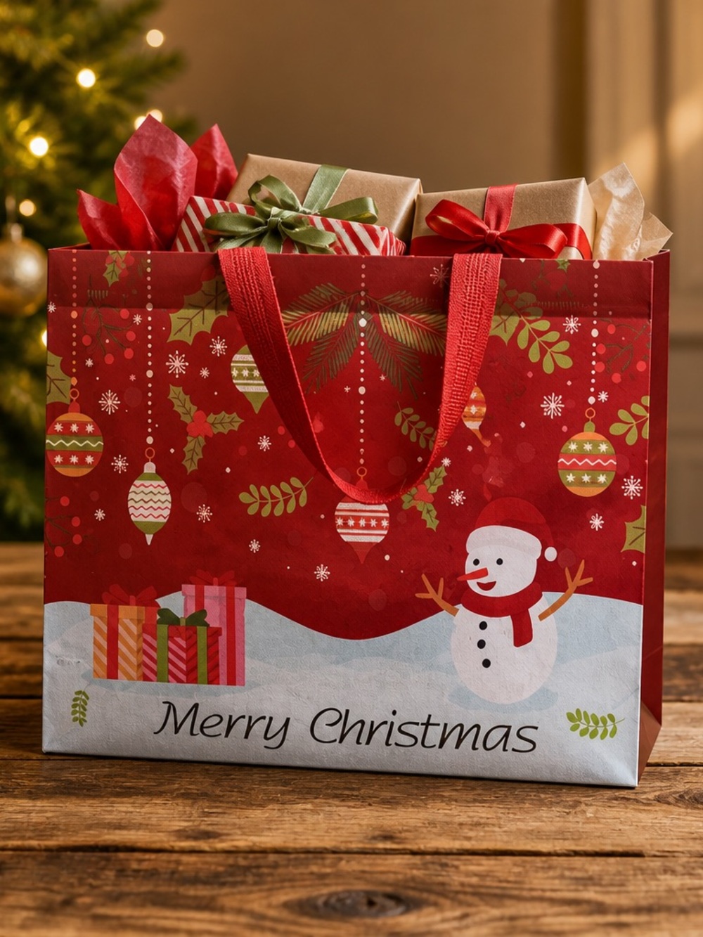 Holiday Merry Christmas Gift Bag - Red Snowman Design